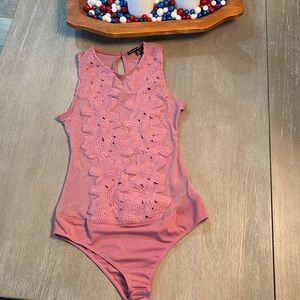 Haute Monde pink mauve embroidered sheer mesh bodysuit with key hole in back